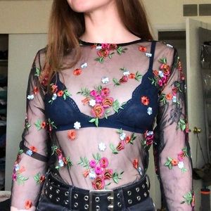 Sheer black 3/4rd sleeve with flower embroidery